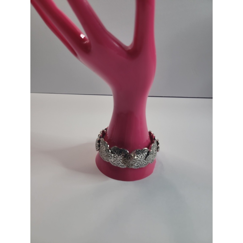 Silver Tone Filigree Floral Medallion Stretch Bracelet Wide Statement Jewelry